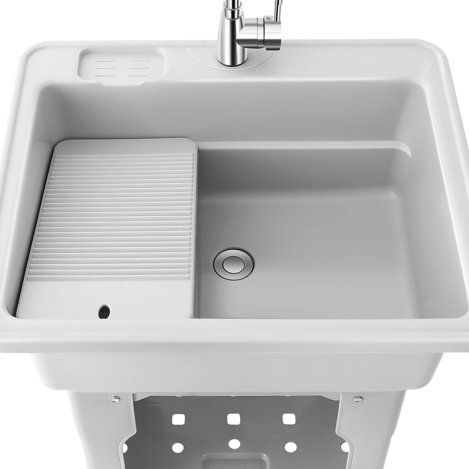Freestanding Plastic Laundry Sink with Washboard with Cold and Hot Water Faucet Hoses for Laundry Room Garage or Shop
