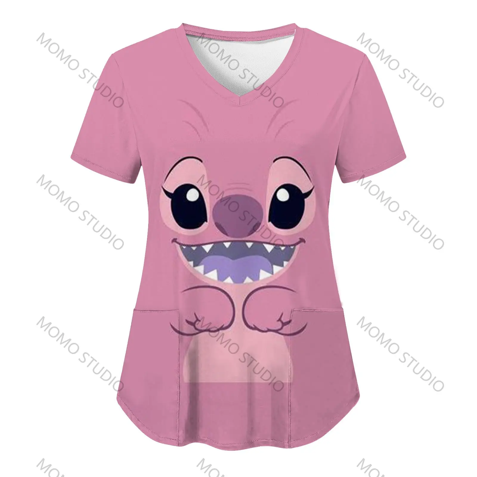 

Pocket Summer T-shirt Nurse Uniform New Disney Hospital V Neck Woman T-shirts Lilo & Stitch Clothing Y2k Uniform Pocket Neck Y2k