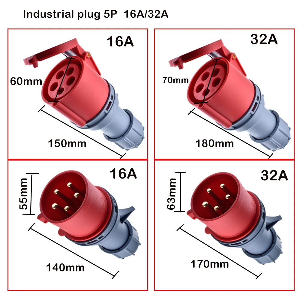 3P+E Industrial Plug & Socket Set - 4Pin 32A 380-415V, IP44 Waterproof, For Concealed Installation