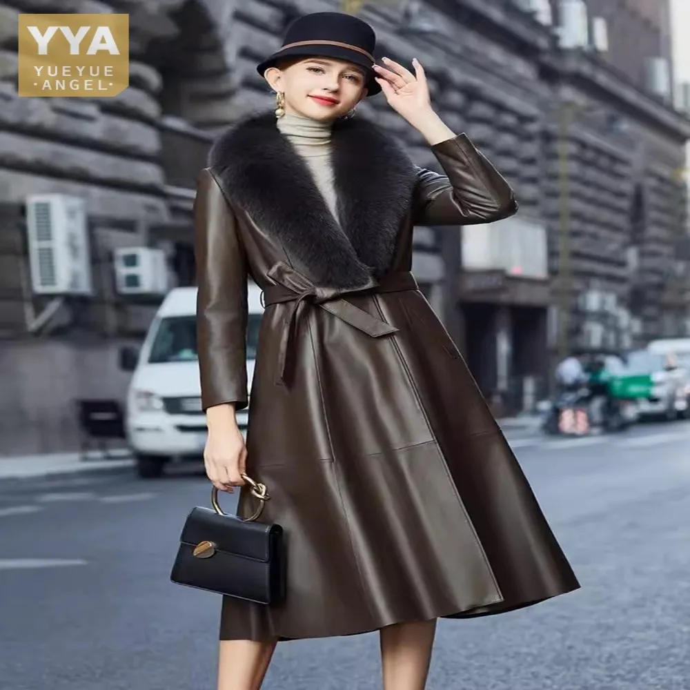 

Office Elegant Ladies Winter Long Genuine Leather Down Jacket Fox Collar Belted Slim Fit Women Trench Coat Sheepskin Windbreaker