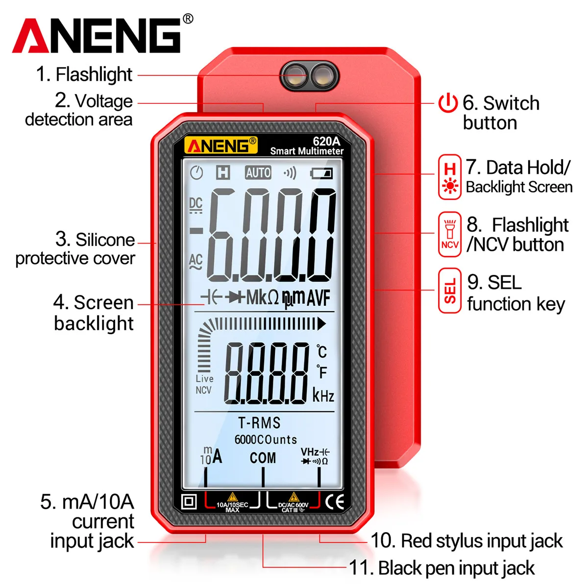 ANENG 620A Digital Multimeter 6000 Counts AC/DC Voltage Current Meter Diode True RMS Capacitor Temp Resistance Hz Test Tools