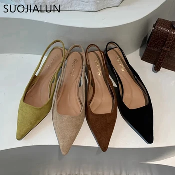 SUOJIALUN 2024 Autumn Women Sandal Shoes Fashion Pointed Toe Shallow Slip On Slingback Sandal Thin Med Heel Ladies Elegant Pumps 1