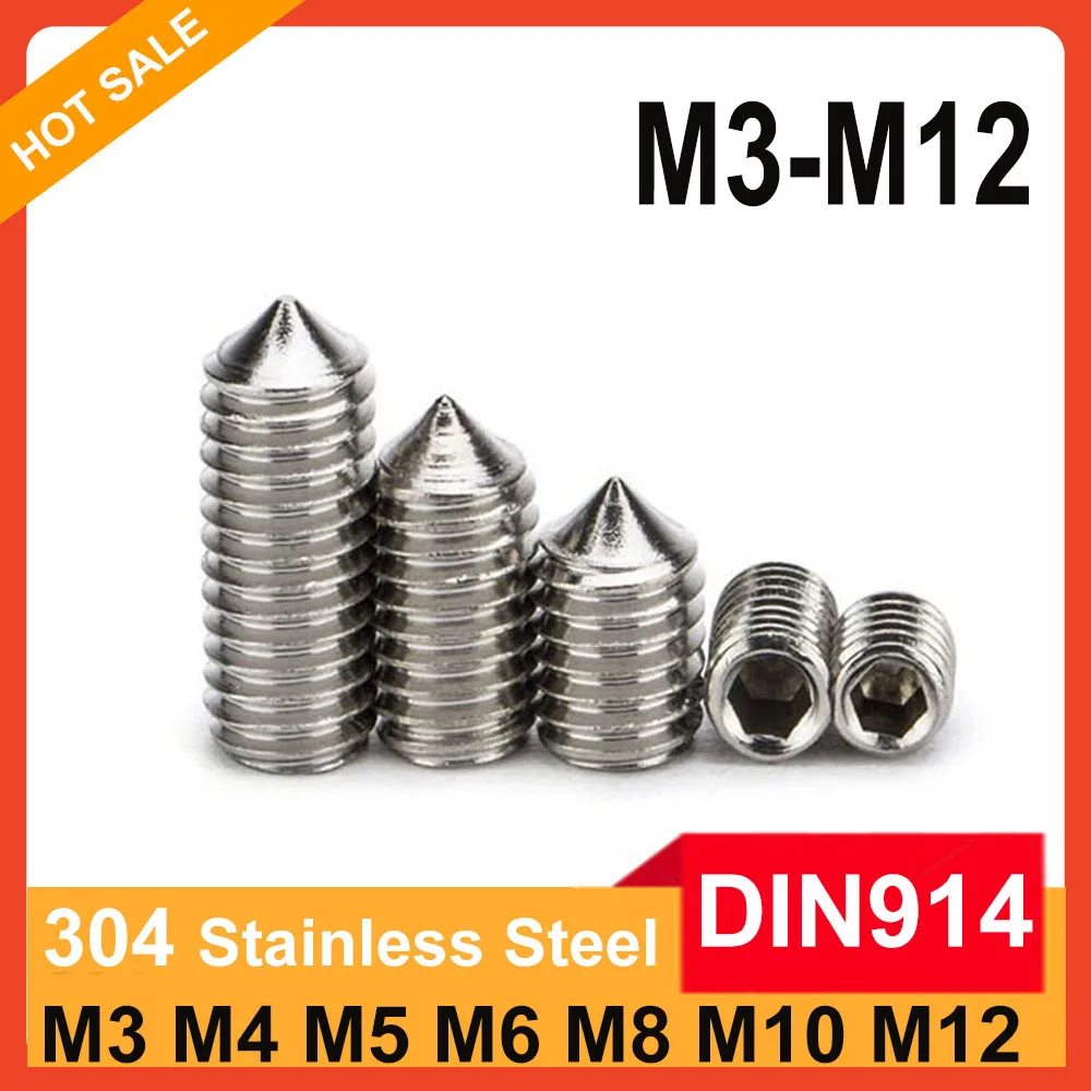 

Hex Socket Tapered End Set Screws DIN914 304 Stainless Steel M3 M4 M5 M6 M8 M10 M12 Hexagon Cone Point Grub Screw Allen Bolt