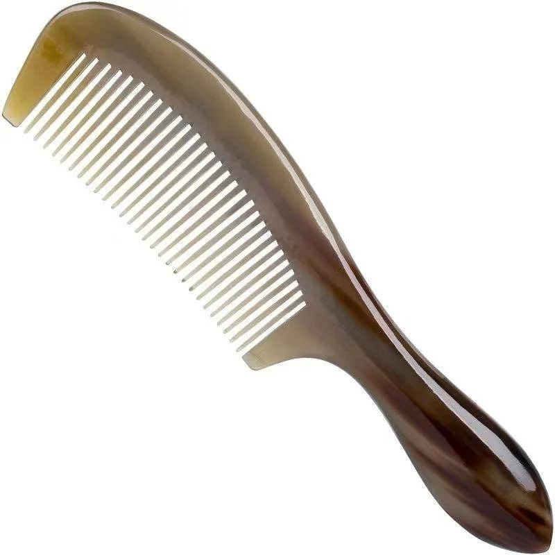 Natural Horn Massage Comb Round Fine Tooth Anti-Static Hair Straighter Curl Combs with Handle 4