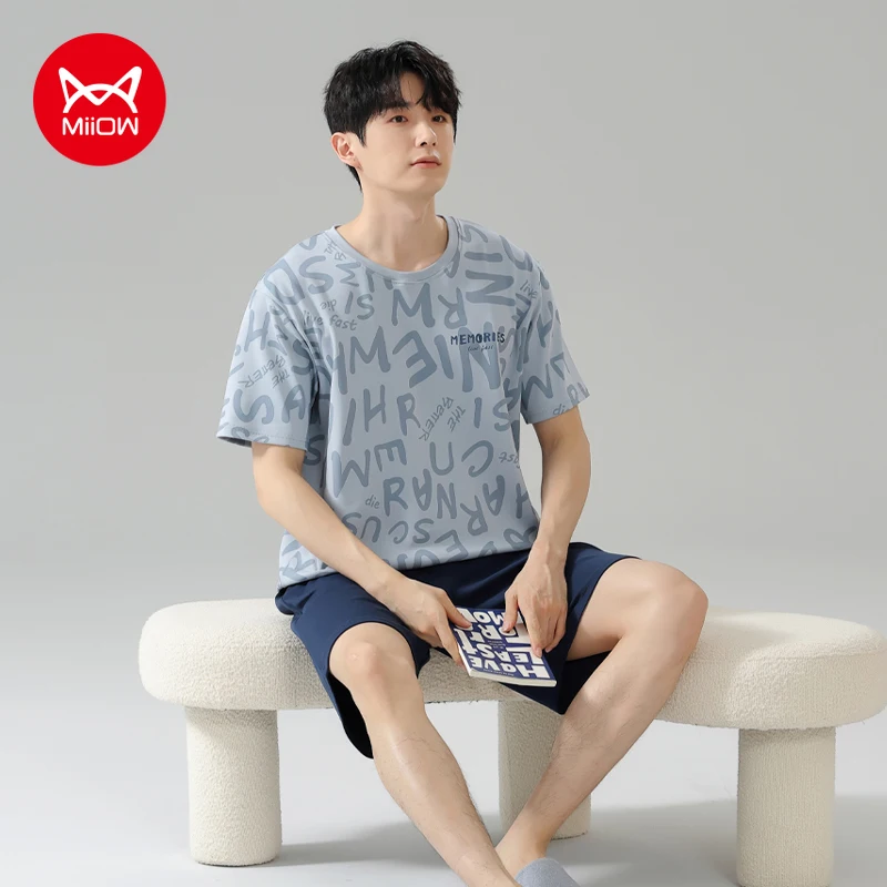 MiiOW Cotton Men's Pajamas Set Short Sleeve Summer Breathable Homewear L-3XL