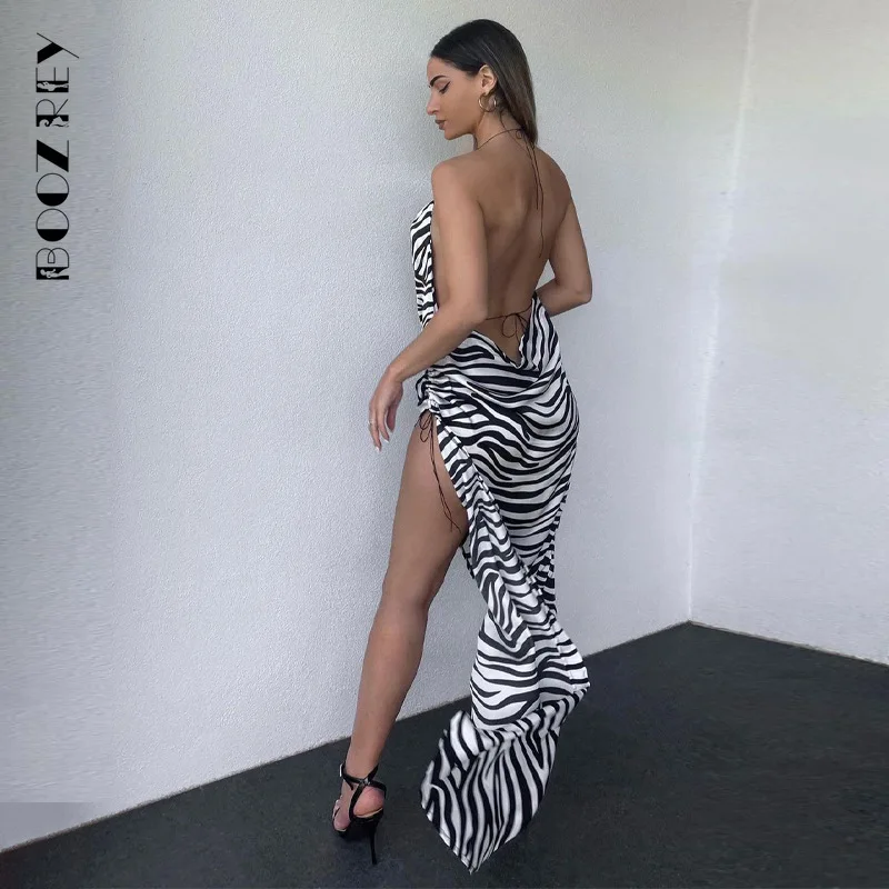 

BoozRey Zebra-Stripe Halter Asymmetrical Maxi Dress Chic Sexy Women's Backless Satin Sundress Party Club Draped Split Dress