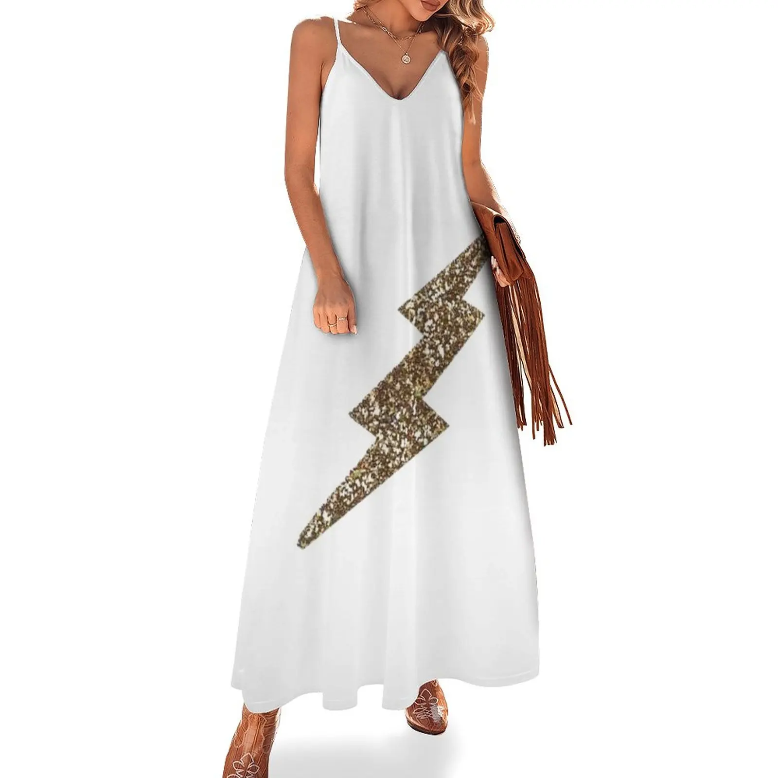 

New gold glitter bolt Sleeveless Dress summer dresses Female clothing