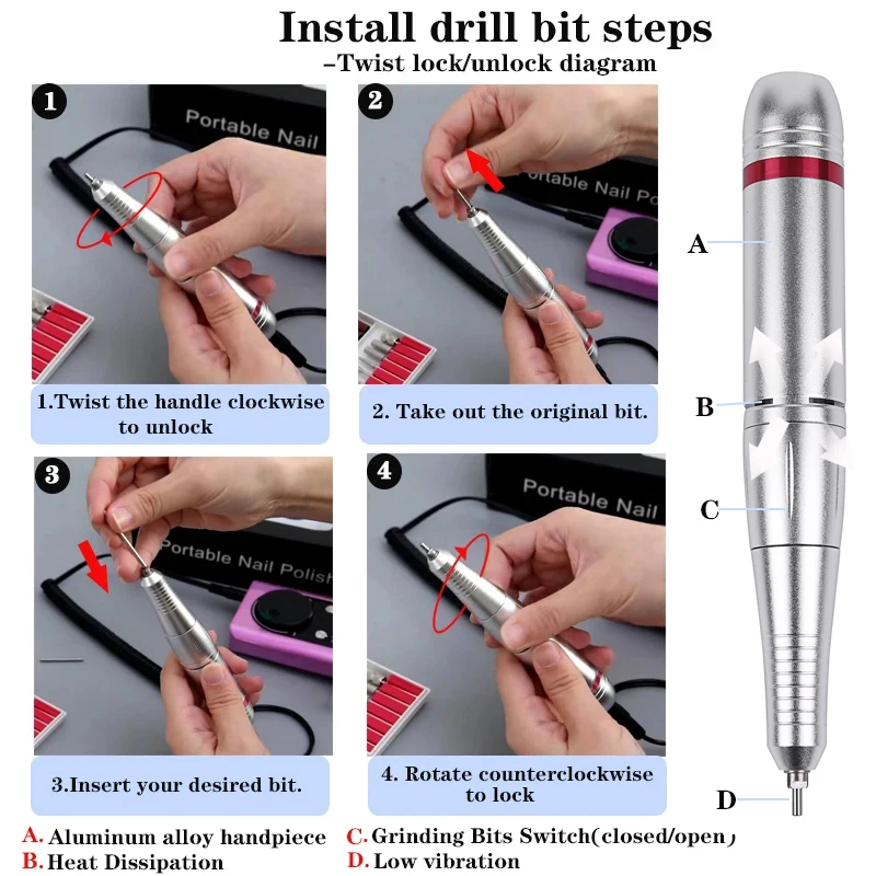 New 45000RPM Professional Electric Nail Drill Machine Rechargeable Nail File Nails Accessories Gel Nail Polish Sander Low Noise