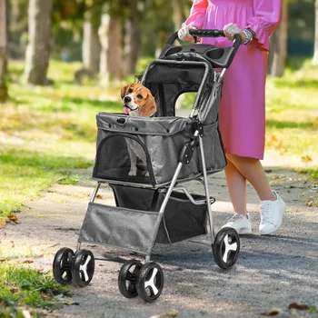Foldable Pet Stroller Small Medium Dogs Cats 360° Rotating Wheels with Storage Cup Holders Safety Belts Rain Cover 1