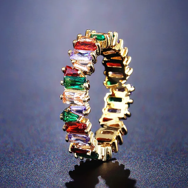 Handmade Eternity Promise Gold Crystal Ring AAA CZ Zirconia Engagement Wedding Band Rings for Women Men Finger Party Jewelry F
