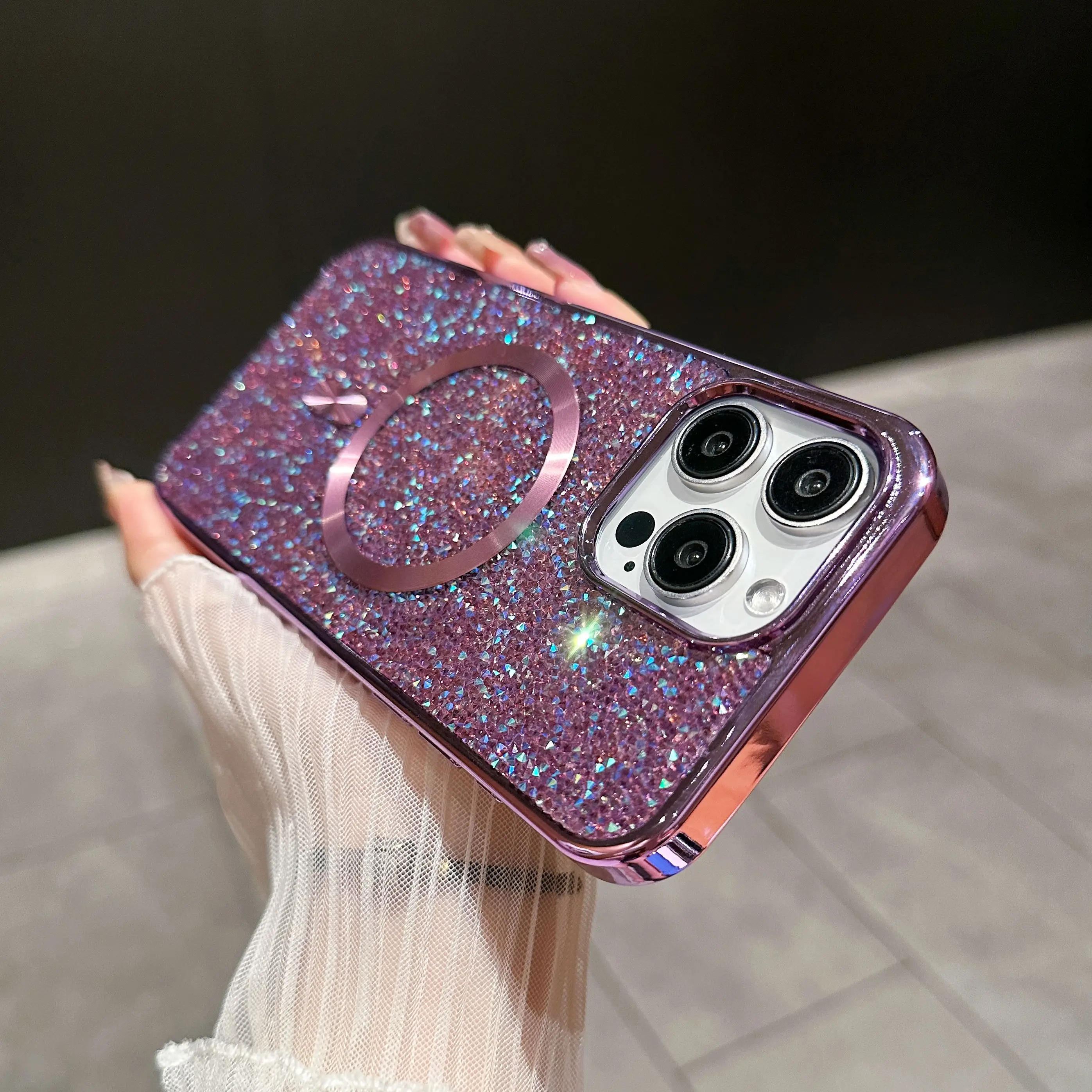 Glitter Shining Diamond Plating Slim Phone Case with Wireless Charging and Magnetic Back Cover