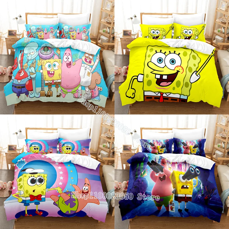 Juego de ropa de cama de Bob para niños, funda de edredón de SquarePants, funda de almohada de Anime de dibujos animados, ropa de cama de dormitorio, traje de cama, regalo