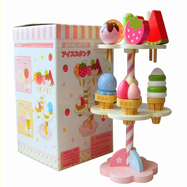 Wooden Ice Cream Stand, Mini Food Ice Lolly Play Set for Toddlers Girls & Boy Pretend Play Food