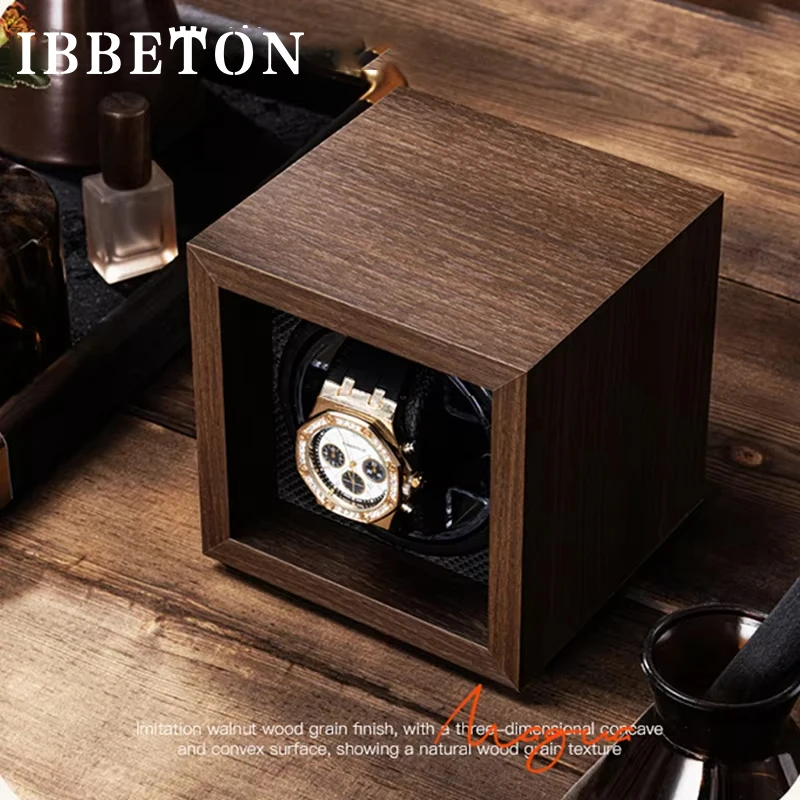 IBBETON 블랙 월넛 그레인 우드 자동 기계식 시계 와인더 멀티 시계 가정용 시계 보관함 케이스