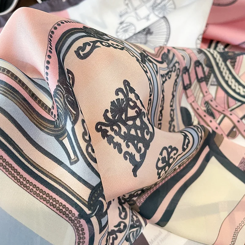 Luxury Design Carriage Print Silk Square Scarf for Women Fashion Skinny Neck Tie Soft Satin Hijab Female Neckerchief Hair Scarf 5