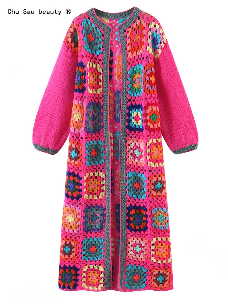 

2022 Autumn Winter New Women VIntage Boho Loose Long-Sleeved Stitching Handmade Woven Long Knitted Cardigan Coat Female Sweater