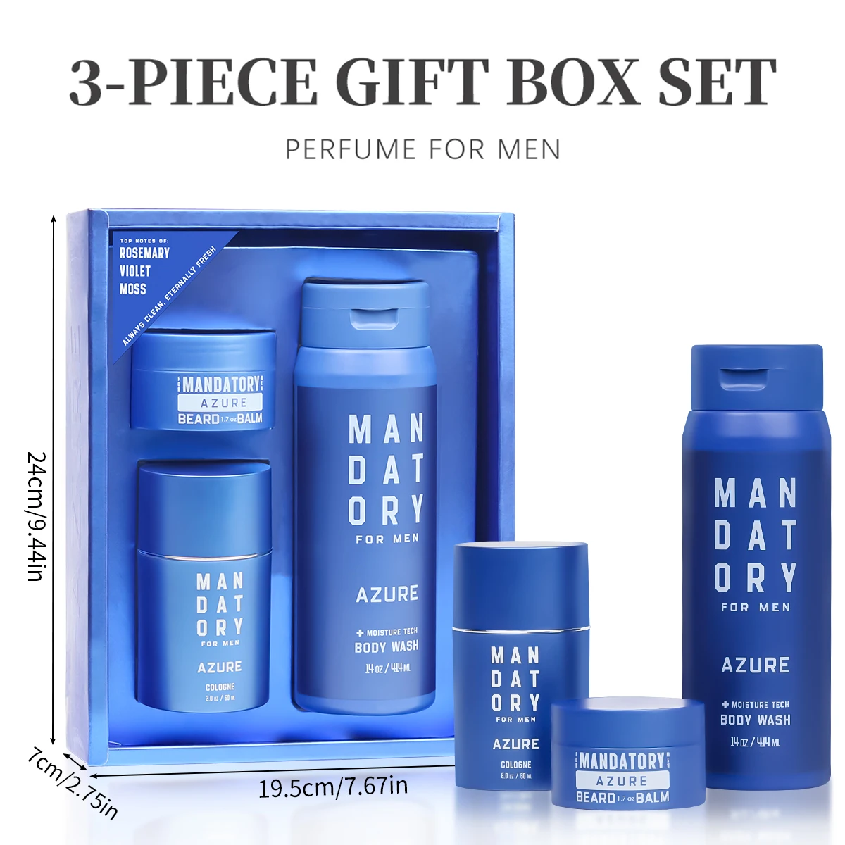 MANDATORY Men's Fragrance Set Gifts 2.0 Oz Eau de Toillete Cologne Spray Body Wash 14 Oz Shower Gel 1 Pc 1.7 Beard Balm