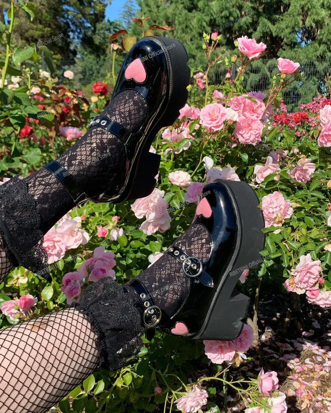 

RIBETRINI 2023 Brand New High Chunky Heeled Mary Janes Women Pumps Ankle Strap Buckle Heart Decor Thick Bottom Cool Gothic Shoes