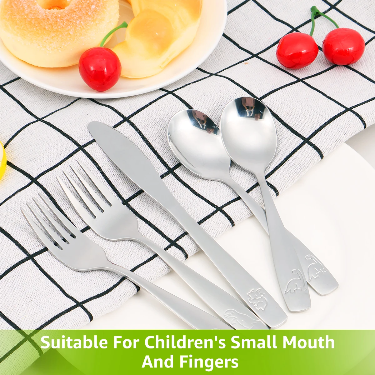 10/9 Pcs Stainless Steel Kids Fork Spoon and Knife Set Fun Dinosaur Bear Smooth Kids Silverware Set Toddler Meal Dishwasher Safe cutlery set stainless steel cutlery set