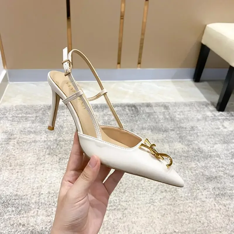 2024 New Summer Metal Buckle Baotou Fashion Sandals Women's Stilettos with Pointed Back  White Elegant for Ladies' Shoes heels