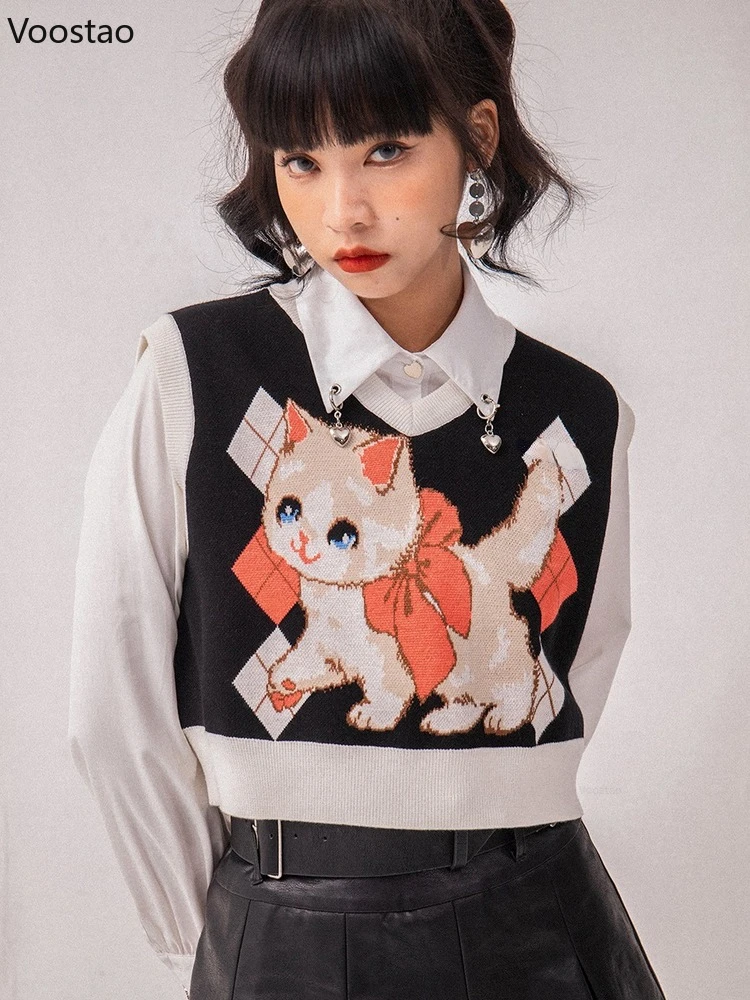 

Japanese Sweet Cartoon Cat Jacquard Knitted Vest Women Vintage Black V-Neck Sleeveless Sweater Spring Autumn Girls Waistcoat