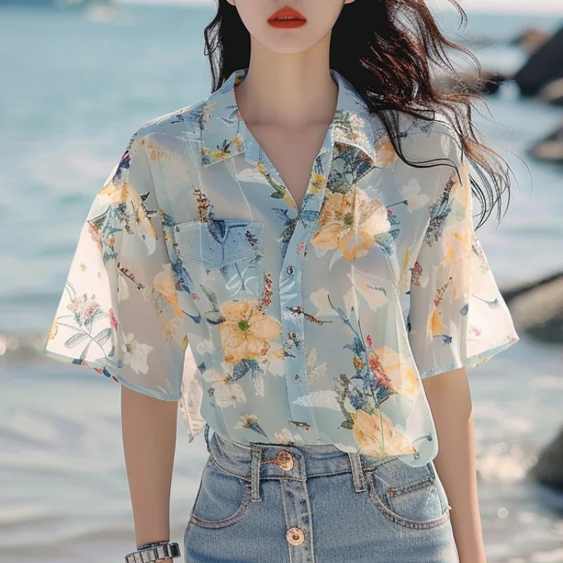 Chiffon Women's Shirt Summer Prints Vintage Blouses Loose Short Sleeve Women Tops Floral Fashion Clothing 2024 Korean