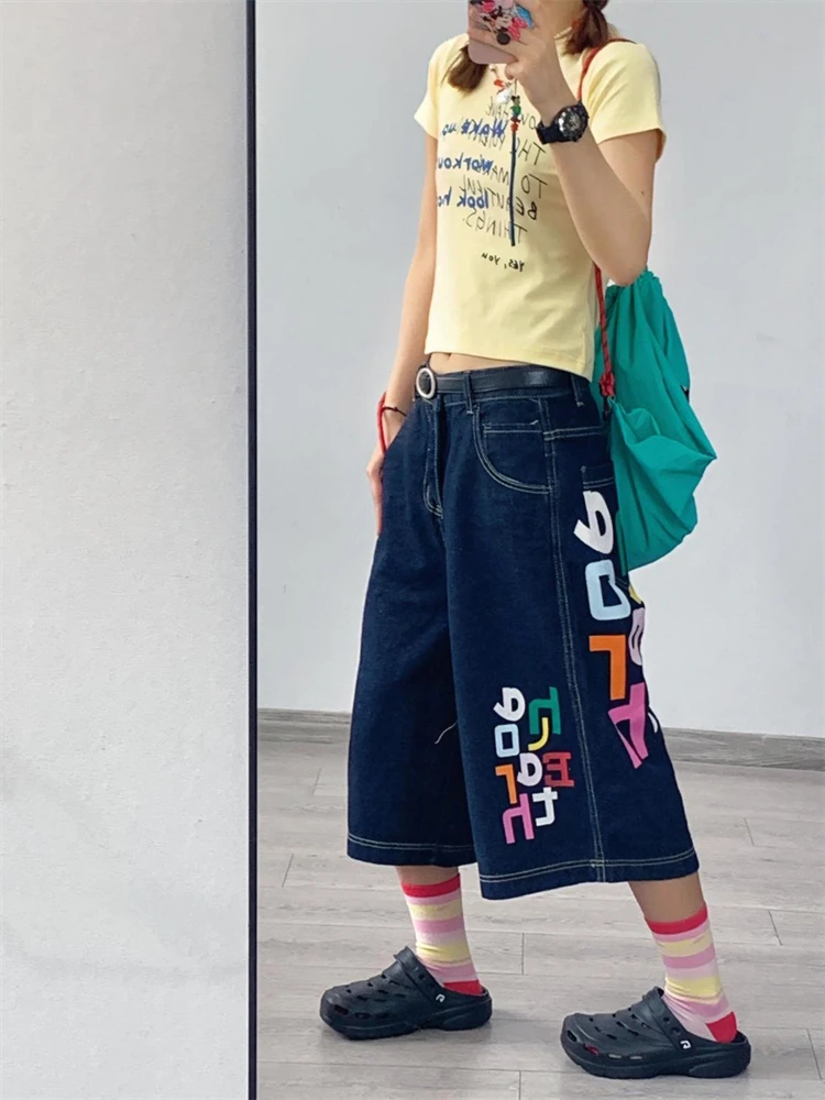 

Women's Colorful Letter Printed Capris Jeans Unisex Wide-leg Summer Shorts Young Girl Casual Bottom Female Calf-length Pants