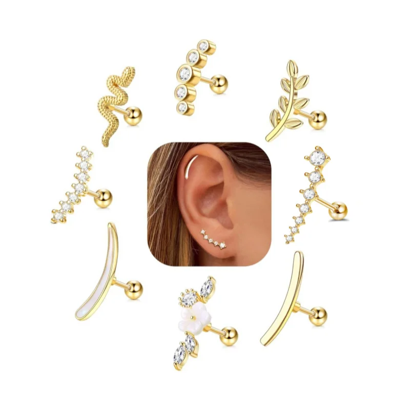 Stud Earrings 1Pc 16G Stainless Steel Screw Back Stud Earrings for Women Men, Fashion Cubic Zerconia Cartilage Conch Helix Ear Piercing Jewels