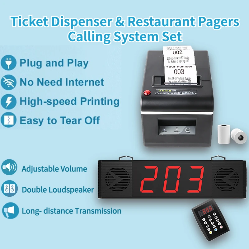 Take a Number System Queue Wireless Calling System Bank and Ticket Dispenser Loud Speaker Voice Broadcast 3 Digits Display