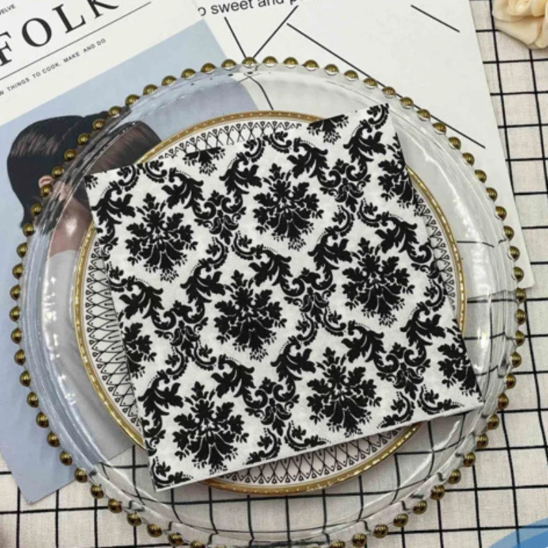 20pcs/Pac 33cm Black and White Printed Napkins Featured European Black Floral Square Folded Paper Napkins Party Flower Paper paper napkins