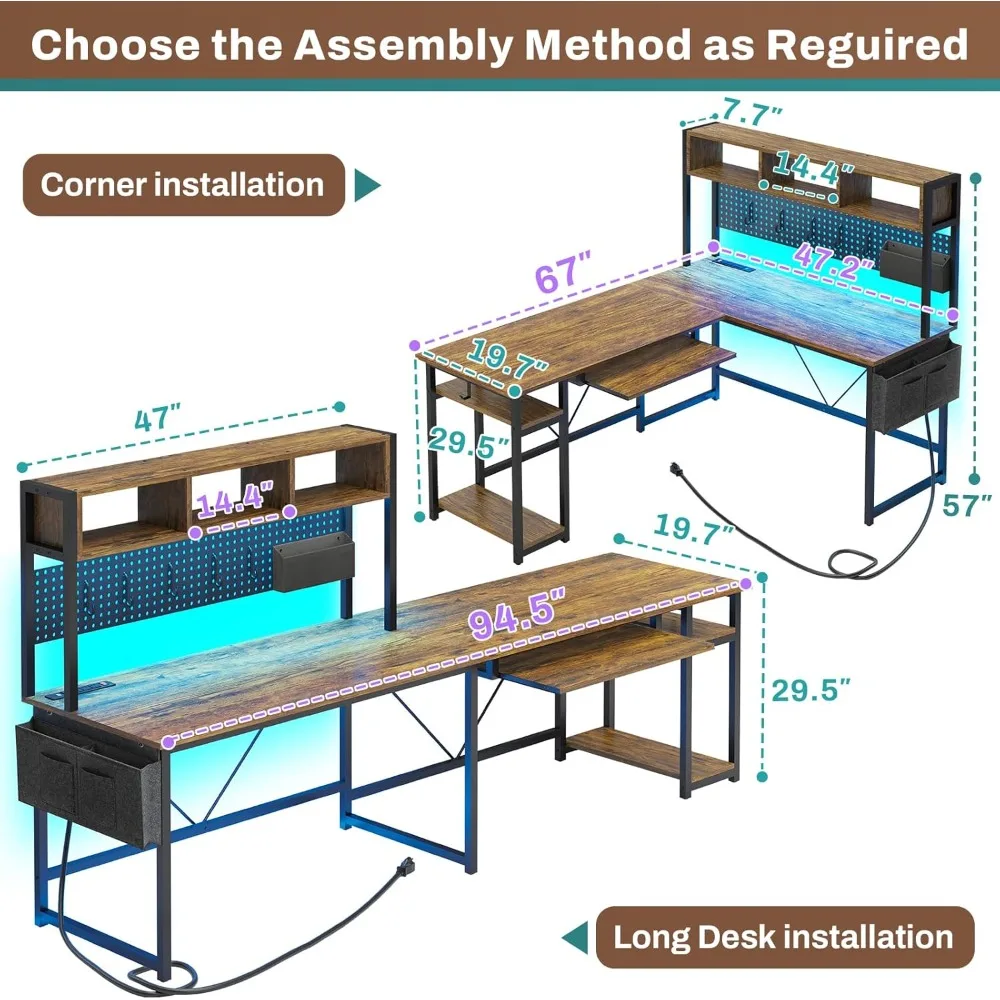 L Shaped Computer Desk, Reversible Corner Desk with Power Outlet and Pegboard, Computer Desk with Led Lights, Keyboard Tray, He 3
