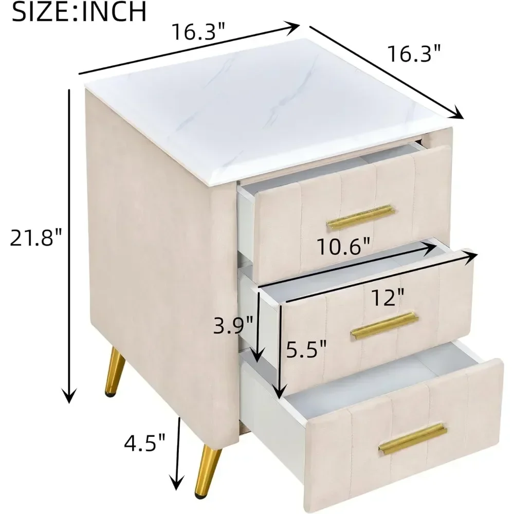 Velvet Nightstand with 3 Drawers,Upholstered Nightstand with Faux Marble Top,End Table with Metal Legs for Bedroom, Living Room 4