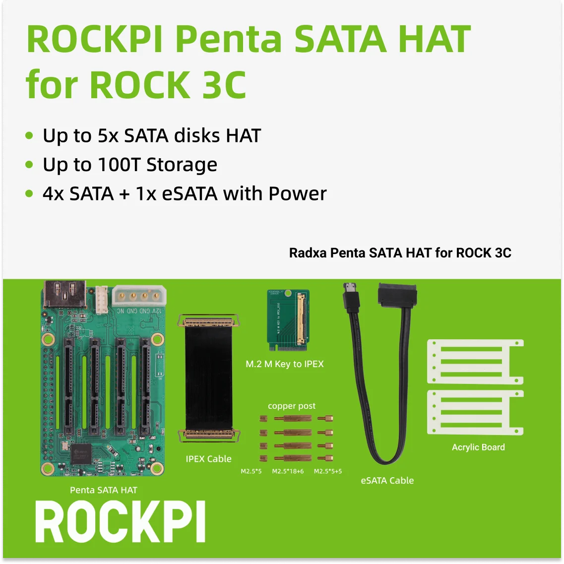ROCKPI Penta SATA HAT Up to 5x SATA disks HAT for Raspberry Pi 5 and ROCK Pi SBCs 3C 5A 4A / 4B / 4SE 4A+ 4B+ 3A raspberry pi expansion board