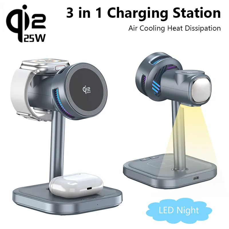 3 IN 1 마그네틱 qi2 25W 무선 충전 스탠드 LED 라이트 에어 쿨링 고속 충전 아이폰 1712 에어팟 프로 3/2 애플 워치용