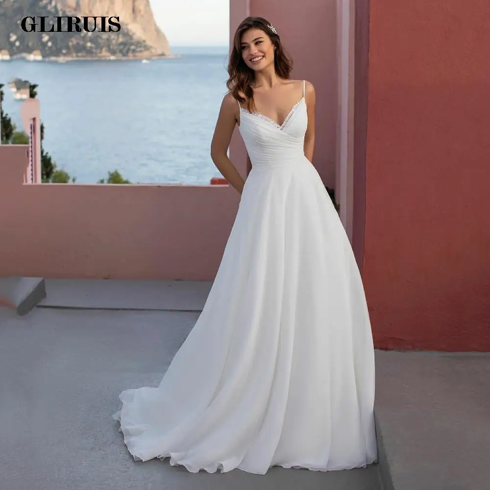 2022-elegant-ivory-chiffon-beach-wedding-dress-v-neck-spaghetti-straps-bridal-gowns-ivory-brides-dresses-customized