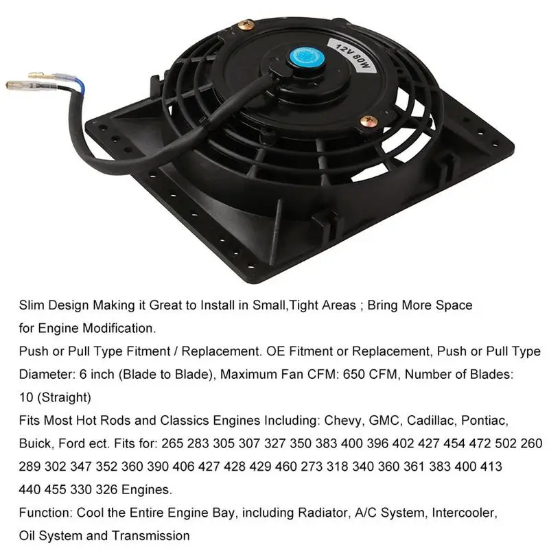Electric Radiator Fan 6 Inch Electric Radiator Cooling Fan Assembly Kit 12V 80W 650CFM Cooling