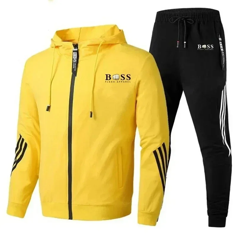 Men's fashion spring and autumn hooded zipper cardigan + trousers two-piece breathable leisure fitness jogging sportwear set