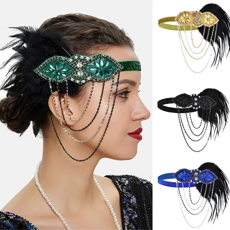 

1920s Feathers Headpiece Flapper Headband, Roaring 20s Hair Accessories Vintage Hair Clip Sequins Hair Hoop