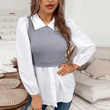 

fake two piece shirt women Lady Blouse Shirt Women Plaid Patchwork Collar Top Long Sleeve Fashion Woman Blouses 2022