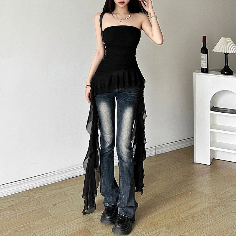 y2k Strapless Top Women Summer Solid Color Off Shoulder Sleeveless Asymmetrical Ruffle Hem Bandeau Vest Streetwear