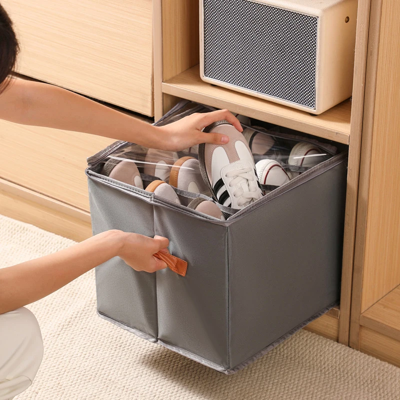 1pc Foldable Oxford Fabric Shoe Organizer With Lid Dustproof Storage Box For Shoes Clothes Accessories Home Organization