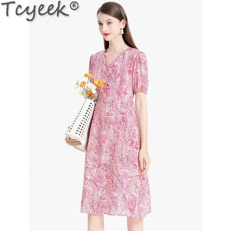 

Fashion Tcyeek Midi High-end 100% Mulberry Real Silk Clothing Famale 2024 Summer Womens Dresses V-neck Print Dress Femme