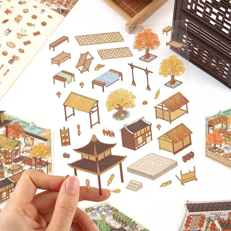 Cartoon Cat Leisure Life in 4 Seasons DIY Miniature Scene Stickers 3D Pocket Cabin Scene Stacking Pasting Gift for Kid Child