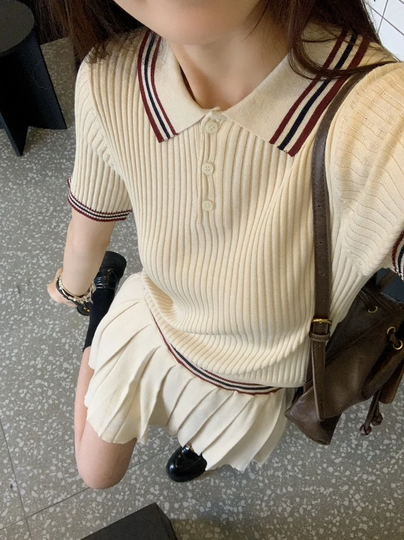 Autumn Knitted Two-piece Skirt Set Women Turn-down Collar Short Sleeve Top Pleated Mini Skirt Korean Fashion Knitting Outfits