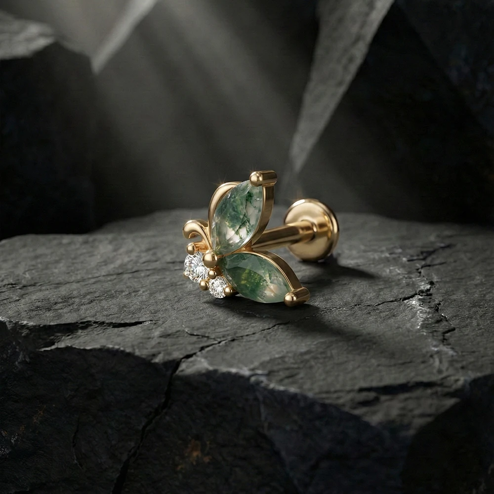 록시 14K 솔리드 골드 기하학적 모스 아게이트 피어싱 플랫 백 귀걸이 여성용 하트/스타 문스톤 데인티 럭셔리 파티 선물