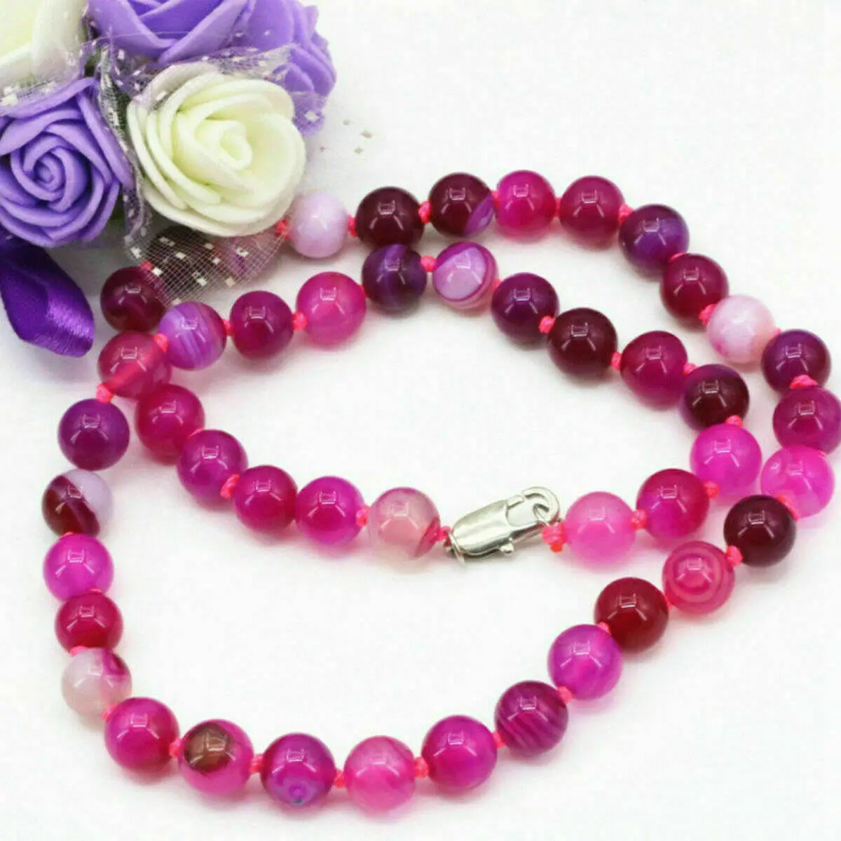 Natural 10mm Agate Rose Red Stripe Onyx Round Gemstone Beads Necklace 18