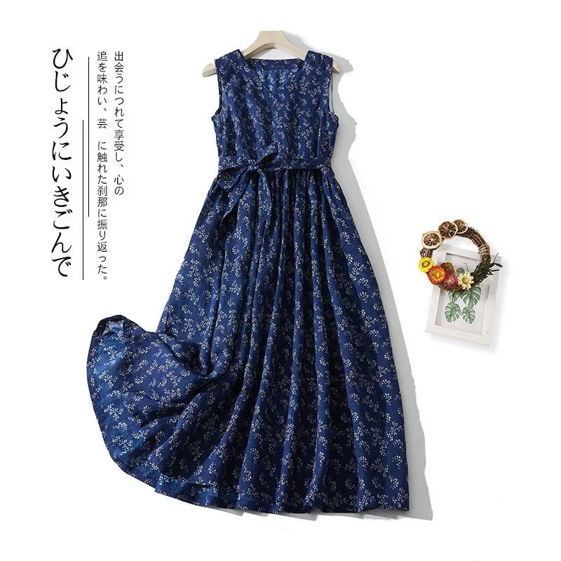 

Blue Floral Dress Women's New Fashion Commuter Straps Waist Sleeveless Mid-length Loose Casual Cotton and Linen ZL24