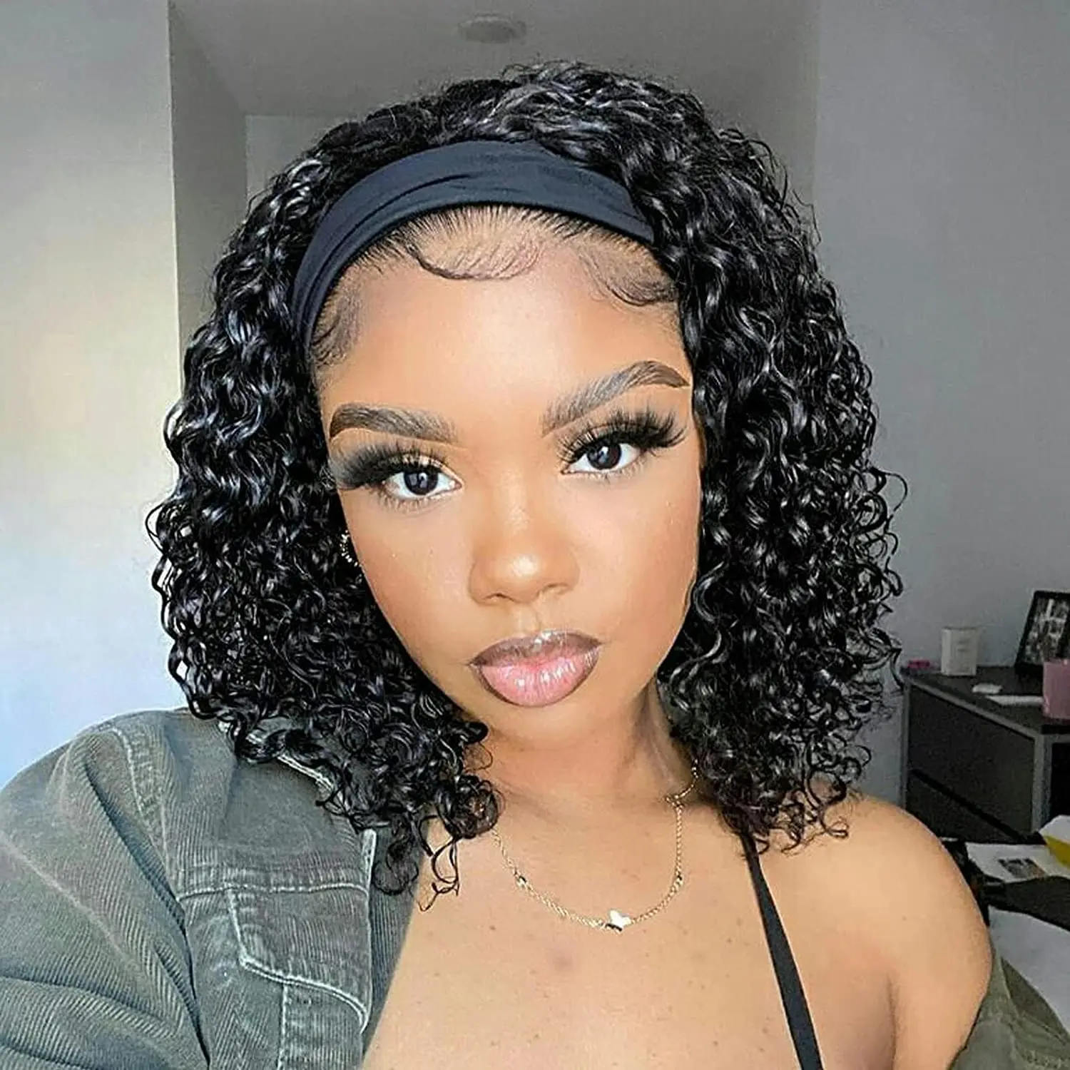 

Headband Wig Deep Wave 12 Inch Human Hair Headband Wig Curly hair Glueless Human Hair Wigs Machine Made No Lace deep Curly