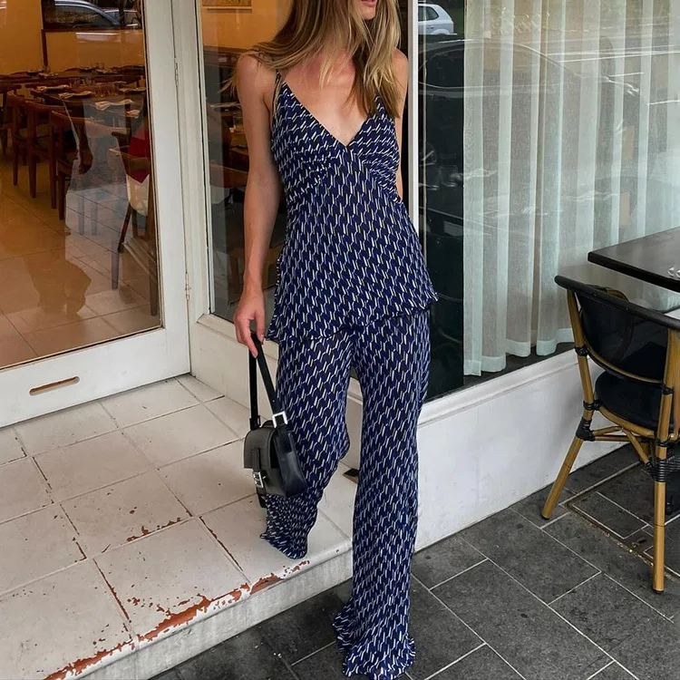 Printed Fashion Women's Pants Outfits V-Neck Contrast Slim Pullover And Wide Leg Trousers 2 Piece-Set Clothes Casual Sets