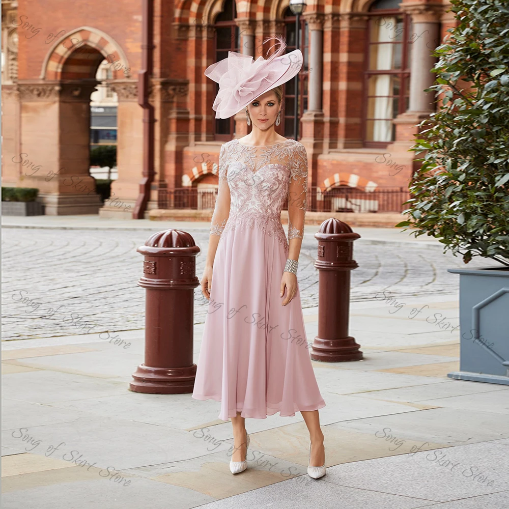

Scoop Neck Lace Chiffon Mother of the Bride Dress Pink See-Through Three Quarter Sleeve Tea-Length Evening Wedding Party Gown
